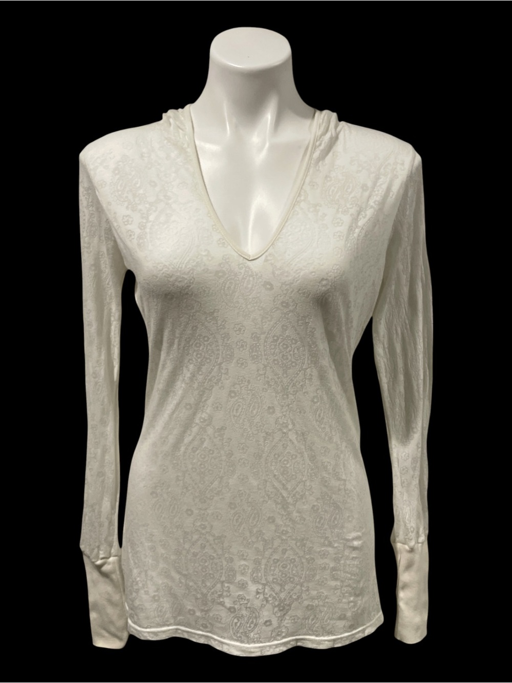 Prana Hooded Burnout Top Knit Long Sleeve Paisley White Small